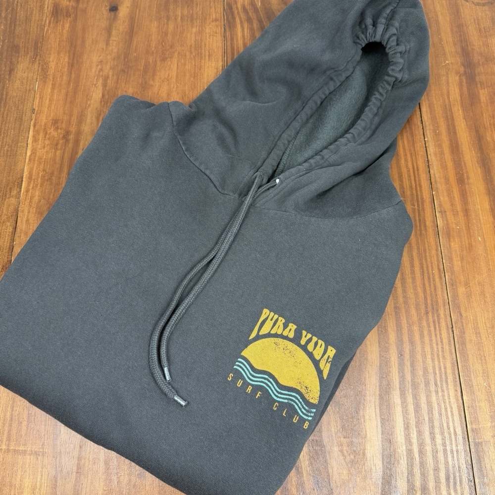 PURA VIDA Surf Club Hoodie Large Charcoal Gray Soft Pullover Sweatshirt EUC